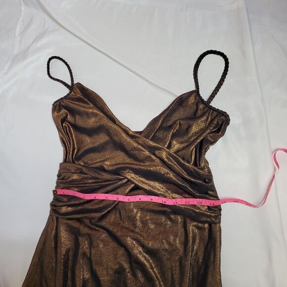 VINTAGE 90s metallic copper asymmetrical hem braided strap formal dress M - Picture 7 of 10